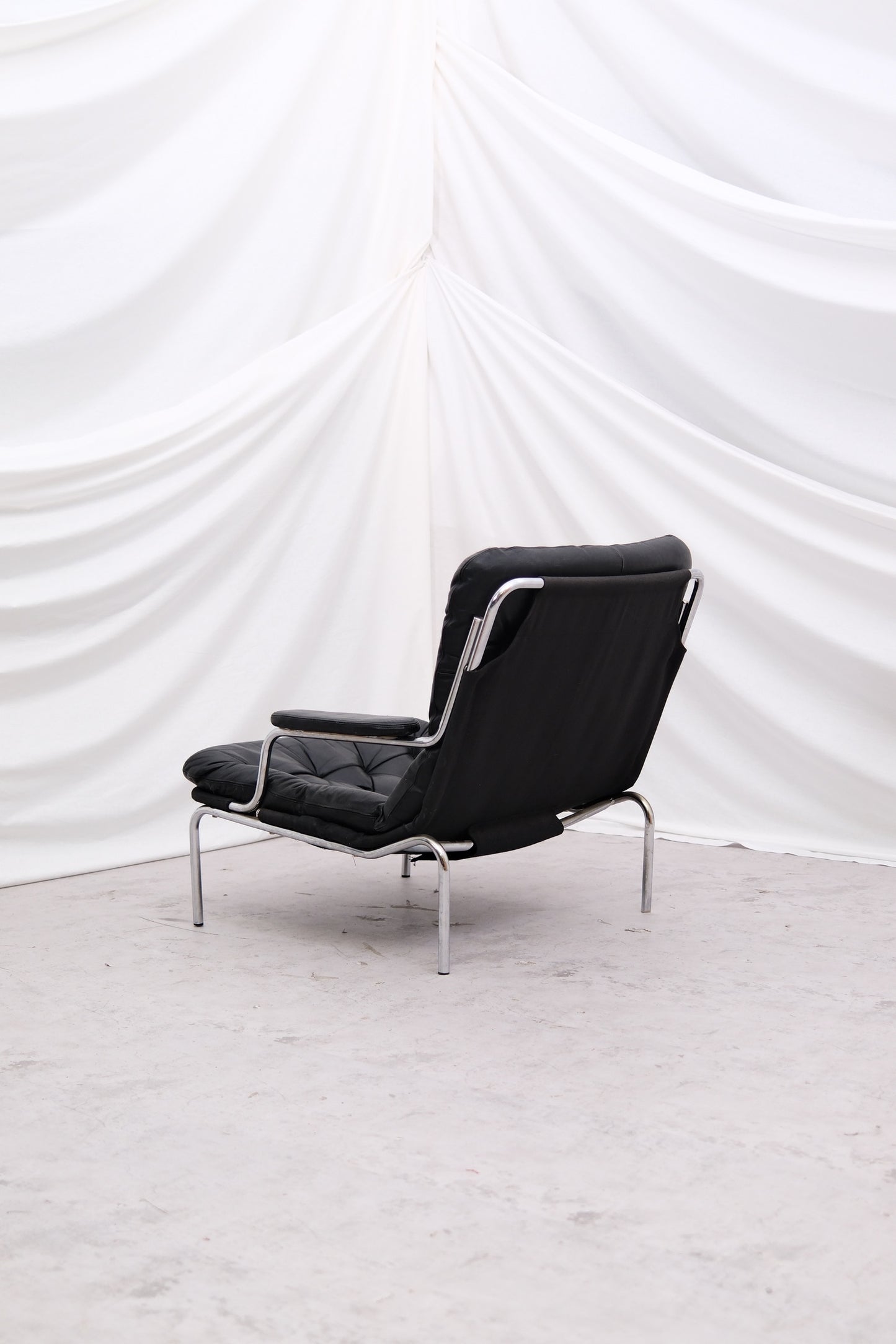 Vintage Danish Leather Armchair Chrome Frame, 1970s