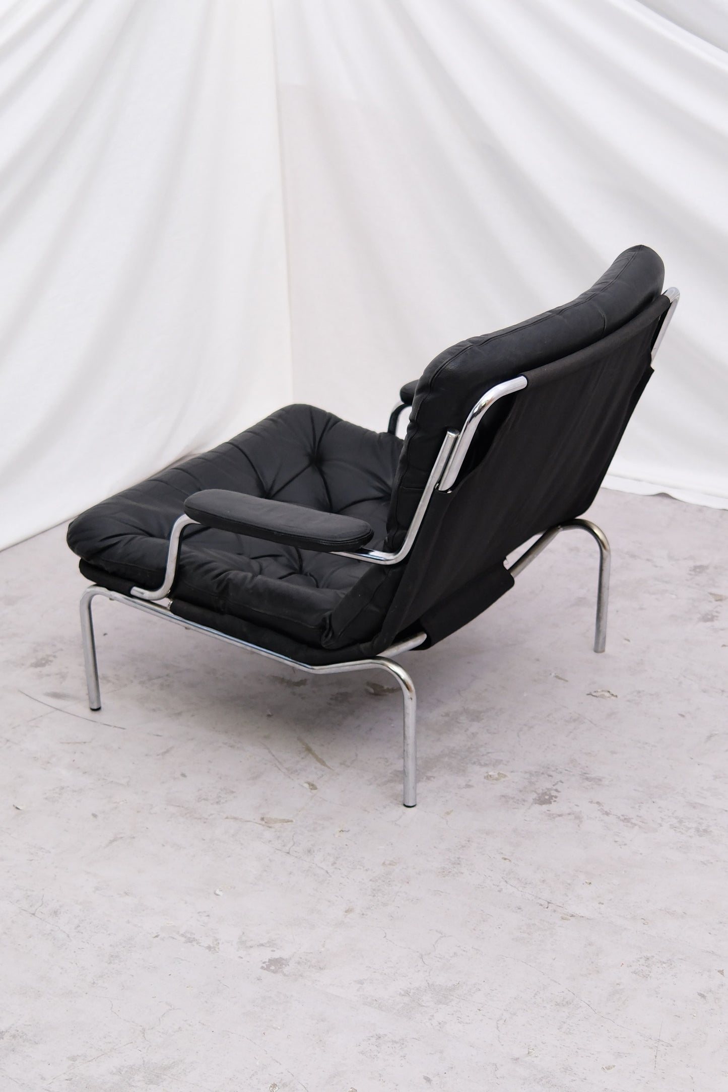 Vintage Danish Leather Armchair Chrome Frame, 1970s