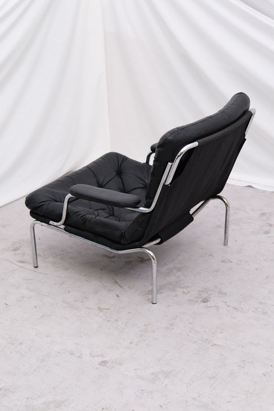 Vintage Danish Leather Armchair Chrome Frame, 1970s