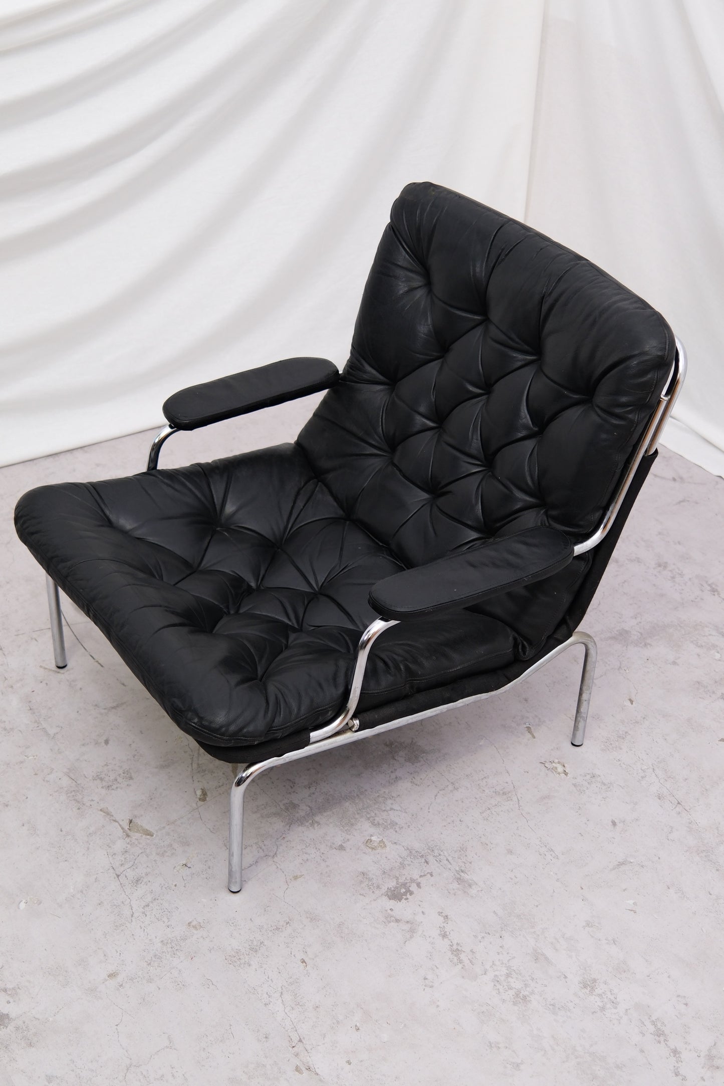 Vintage Danish Leather Armchair Chrome Frame, 1970s