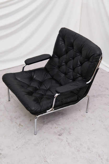 Vintage Danish Leather Armchair Chrome Frame, 1970s