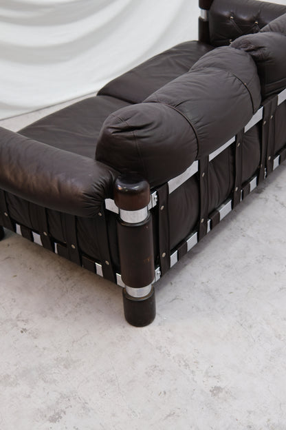 Maija Ruoslahti "El Rancho" Sofa Brown Leather with Wood and Chrome Details
