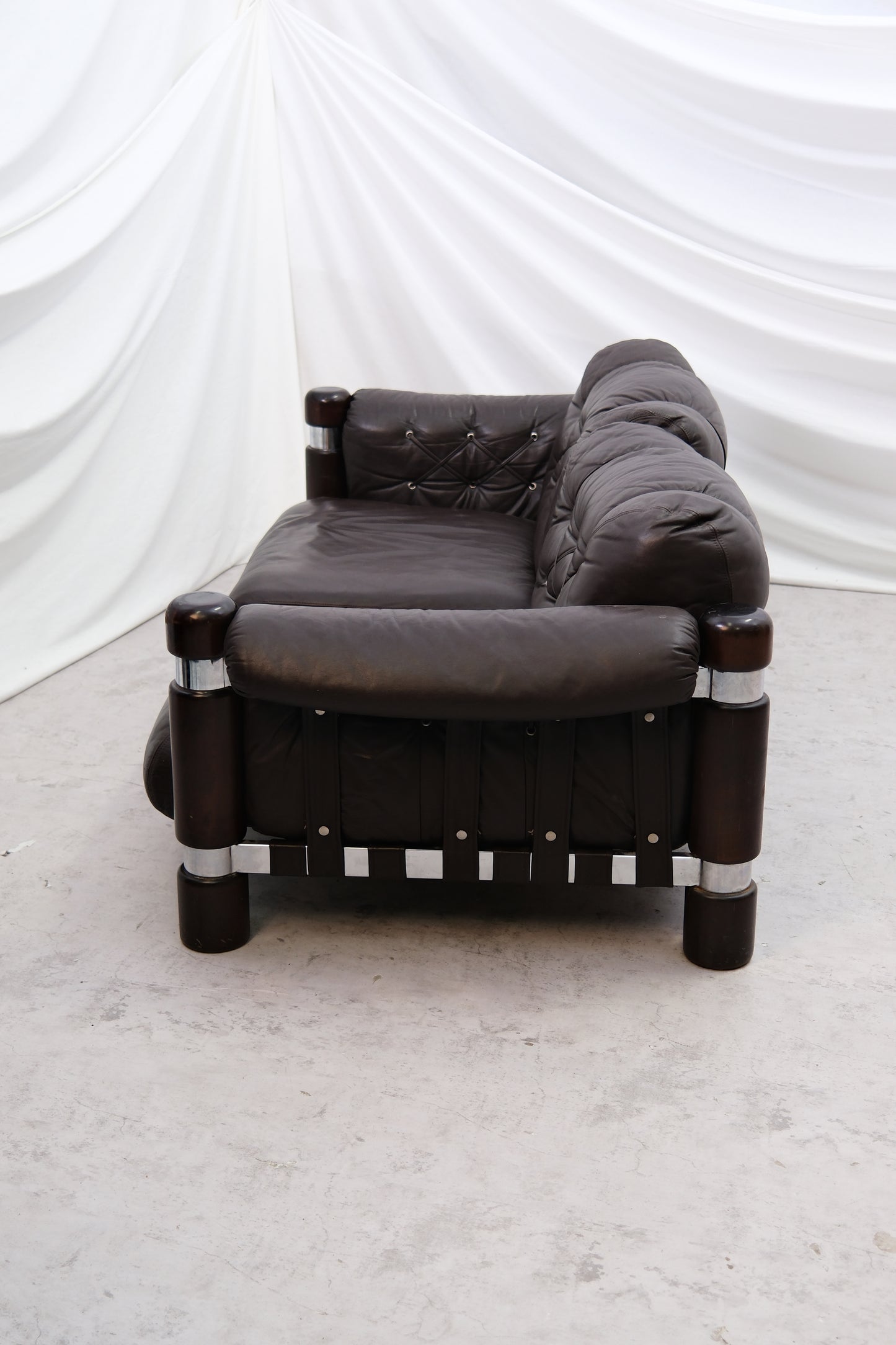 Maija Ruoslahti "El Rancho" Sofa Brown Leather with Wood and Chrome Details