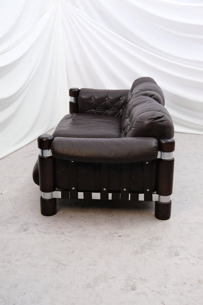 Maija Ruoslahti "El Rancho" Sofa Brown Leather with Wood and Chrome Details