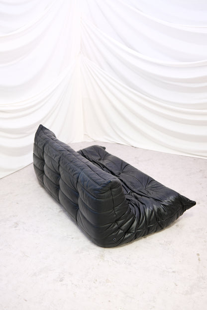 Vintage Ligne Roset Togo 3-Seater Sofa – Black Leather