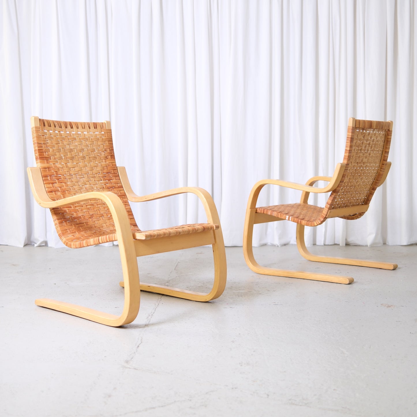 Alvar Aalto 406 Lounge Chairs with Rattan for Artek