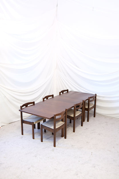 Vintage Palermo dining set designed by Esko Pajamies and produced by Asko for export. Dark solid wood, original wool upholstery. Worldwide shipping available.