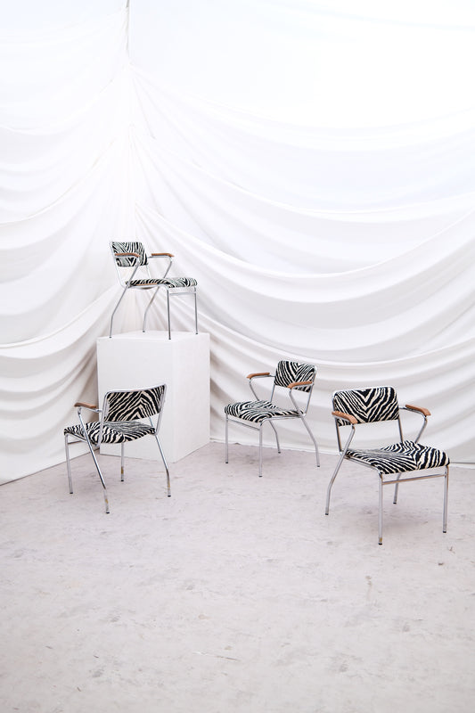 Set of 6 Vintage Tubular Steel Chairs with Zebra Upholstery