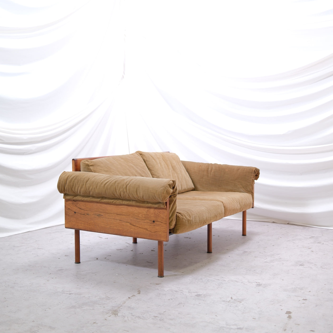 Yrjö Kukkapuro Ateljee 2-seater sofa vintage Finnish design wooden side panels tan upholstery