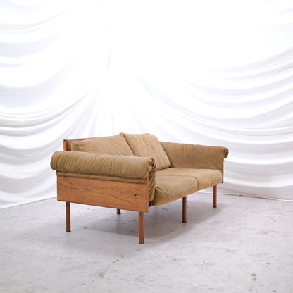 Yrjö Kukkapuro Ateljee 2-seater sofa vintage Finnish design wooden side panels tan upholstery