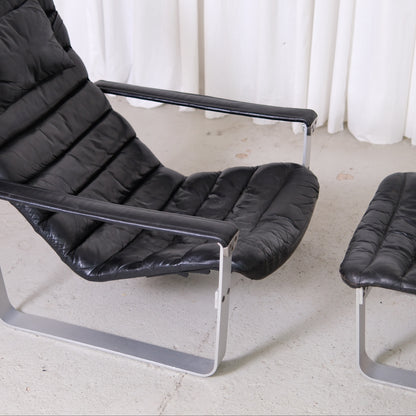 Ilmari Lappalainen Pulkka Lounge Chair and Ottoman in Black Leather, Asko Export