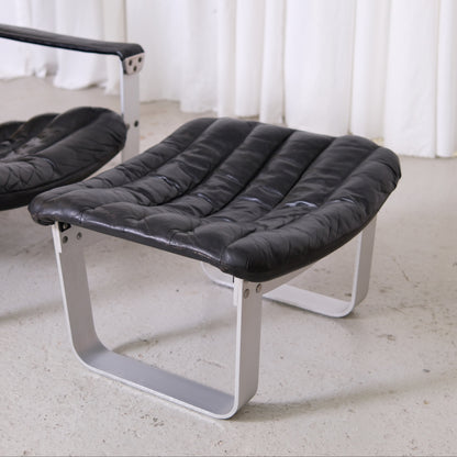 Ilmari Lappalainen Pulkka Lounge Chair and Ottoman in Black Leather, Asko Export