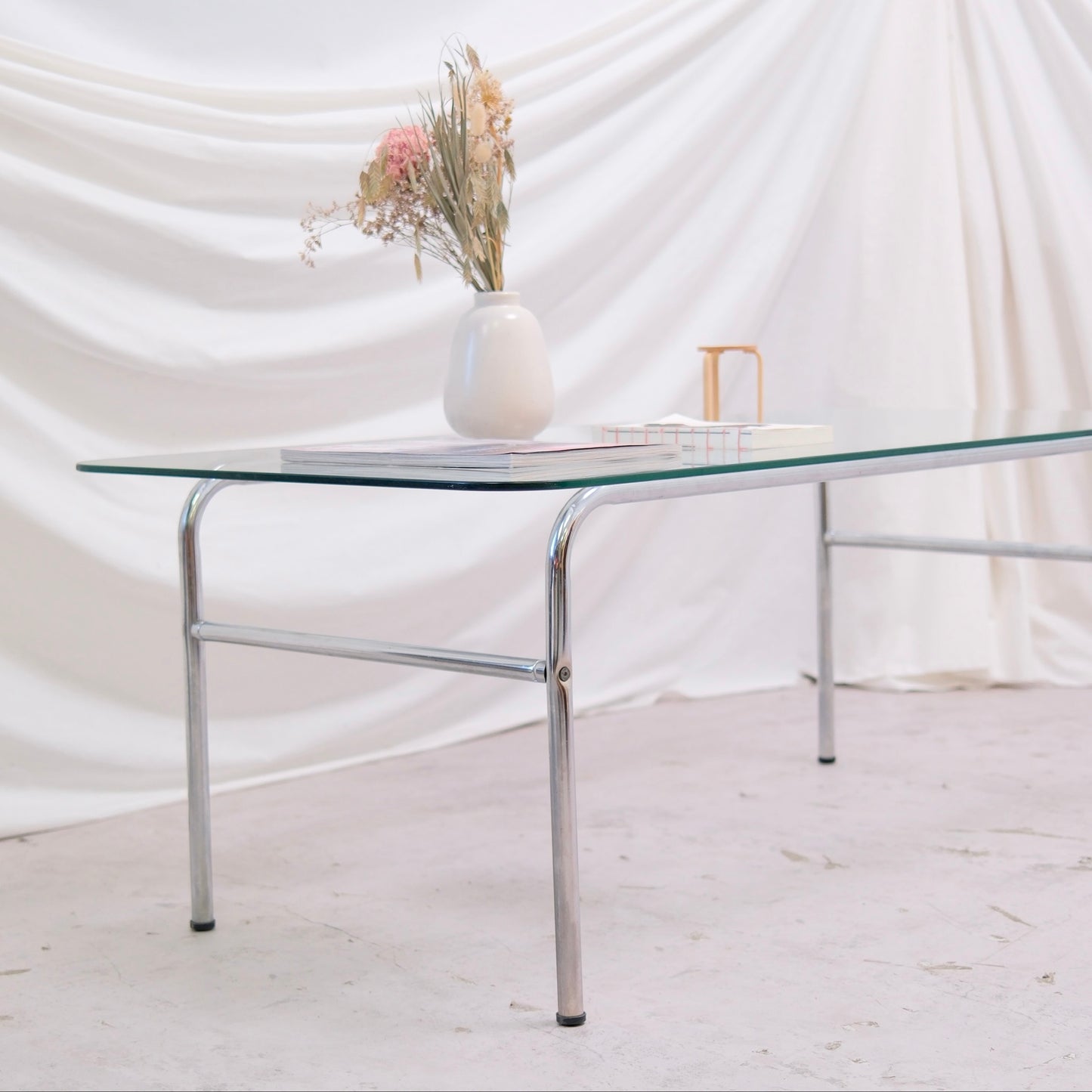 Vintage Glass Coffee Table with Chrome Frame 128 x 63 cm