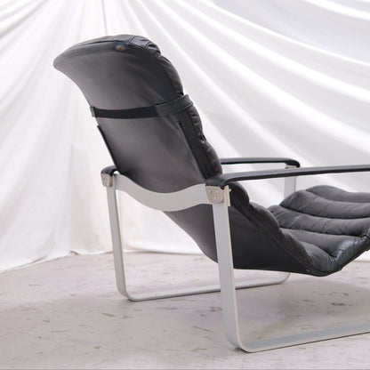 Ilmari Lappalainen Pulkka armchair with ottoman in Black Leather - Asko 1970s