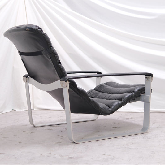 Ilmari Lappalainen Pulkka armchair with ottoman in Black Leather - Asko 1970s