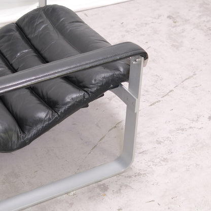 Ilmari Lappalainen Pulkka armchair with ottoman in Black Leather - Asko 1970s