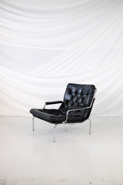 Vintage Danish Leather Armchair Chrome Frame, 1970s