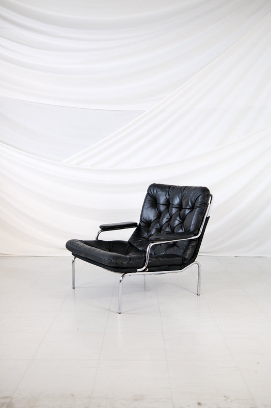 Vintage Danish Leather Armchair Chrome Frame, 1970s