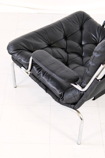 Vintage Danish Leather Armchair Chrome Frame, 1970s