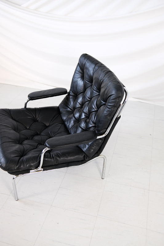 Vintage Danish Leather Armchair Chrome Frame, 1970s