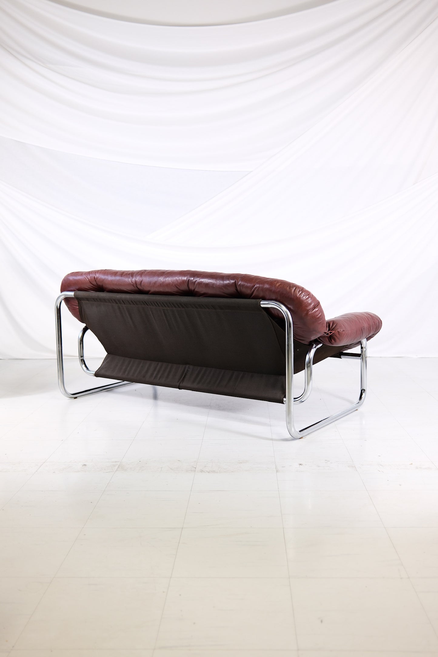 Vintage IKEA 2 Seater Sofa by Johan Bertil Häggström Dark Red Leather, 1970s