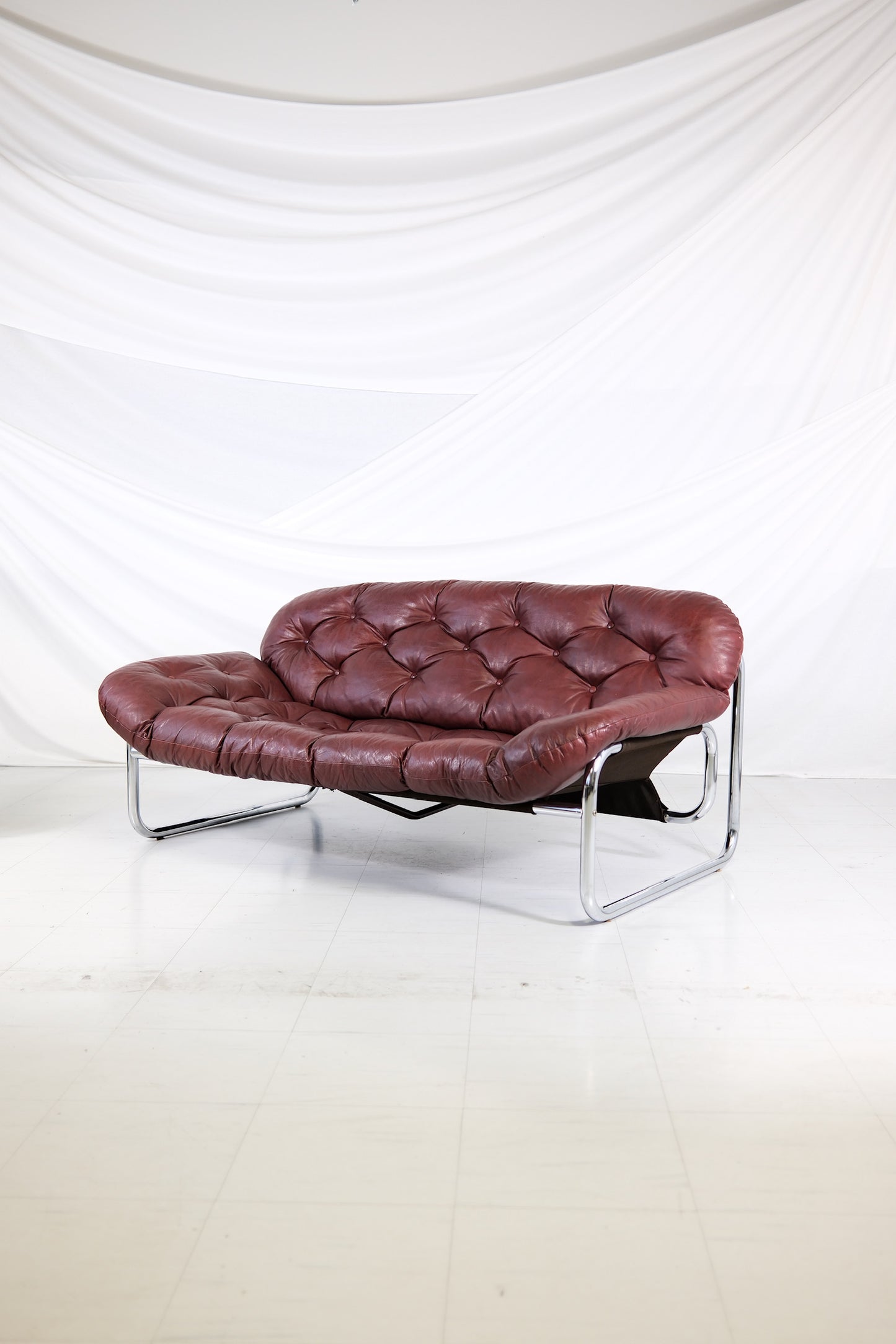 Vintage IKEA 2 Seater Sofa by Johan Bertil Häggström Dark Red Leather, 1970s