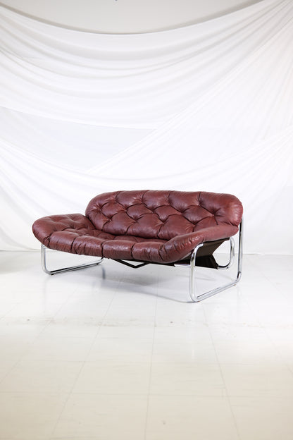 Vintage IKEA 2 Seater Sofa by Johan Bertil Häggström Dark Red Leather, 1970s