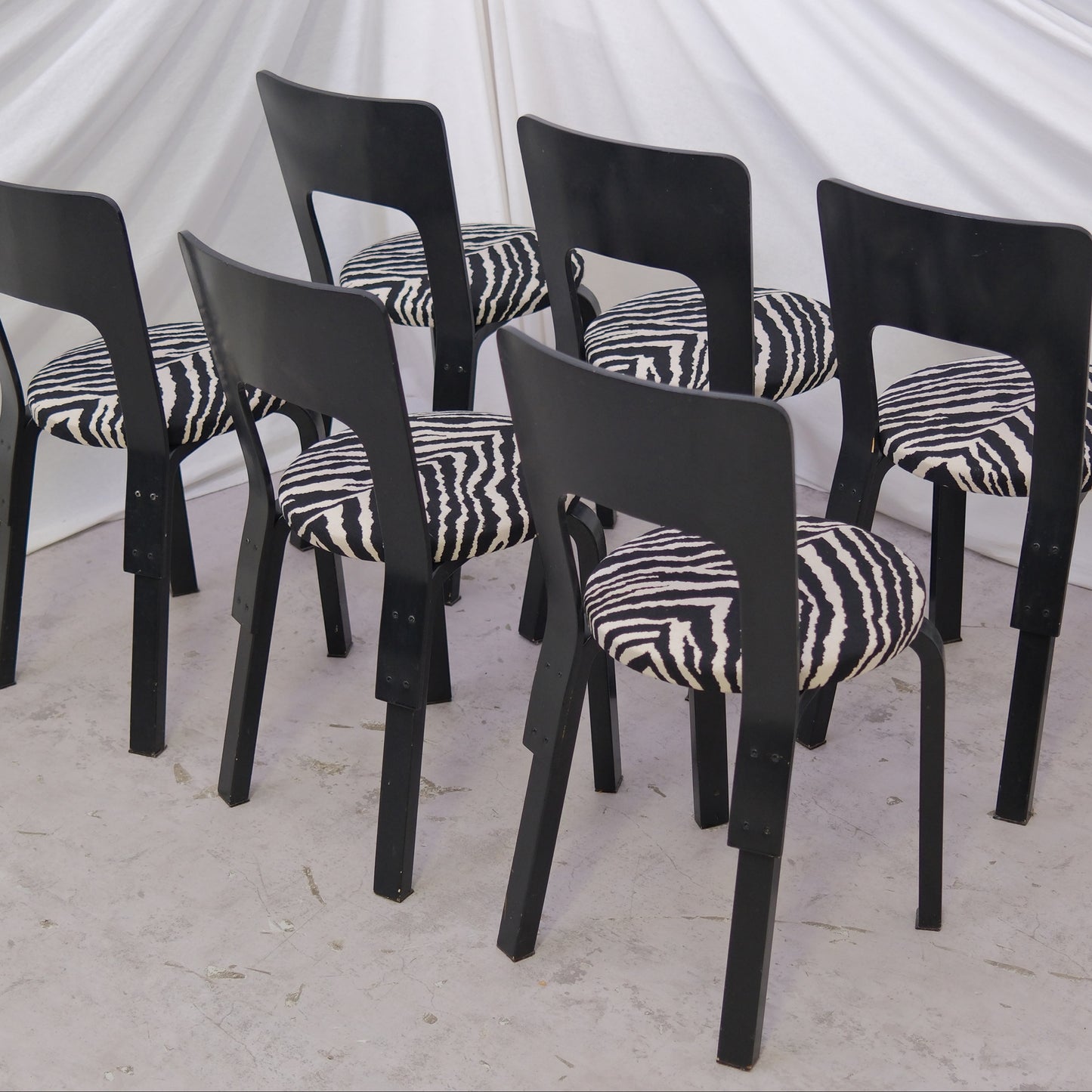Alvar Aalto Chair 66 in Black with Zebra Upholstery (6 pieces)