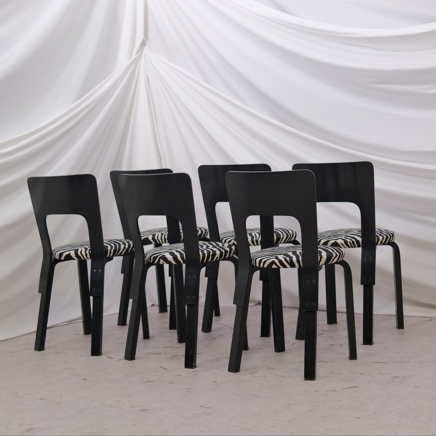 Alvar Aalto Chair 66 in Black with Zebra Upholstery (6 pieces)