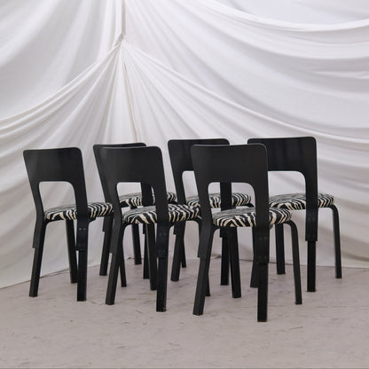 Alvar Aalto Chair 66 in Black with Zebra Upholstery (6 pieces)