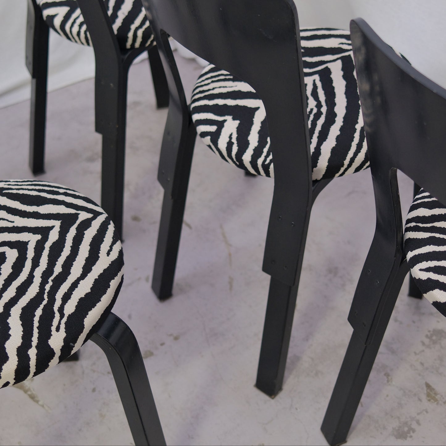Alvar Aalto Chair 66 in Black with Zebra Upholstery (6 pieces)