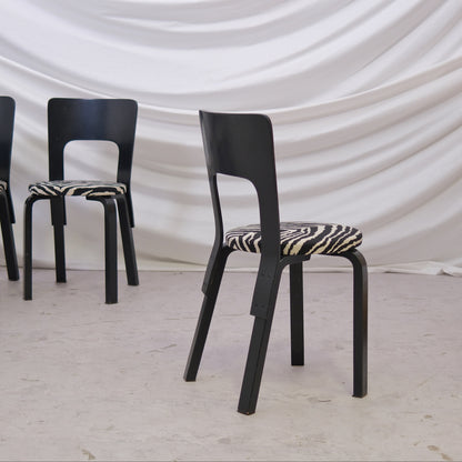 Alvar Aalto Chair 66 in Black with Zebra Upholstery (6 pieces)