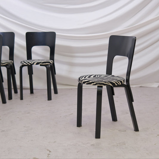Alvar Aalto Chair 66 in Black with Zebra Upholstery (6 pieces)
