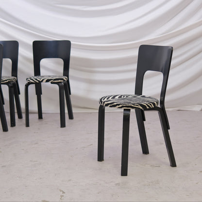 Alvar Aalto Chair 66 in Black with Zebra Upholstery (6 pieces)