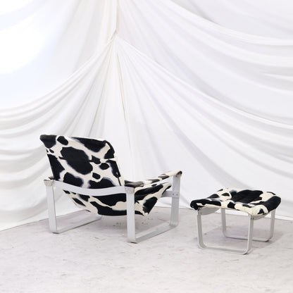 Ilmari Lappalainen Pulkka Lounge Chair with Ottoman – Cowhide Print Canvas