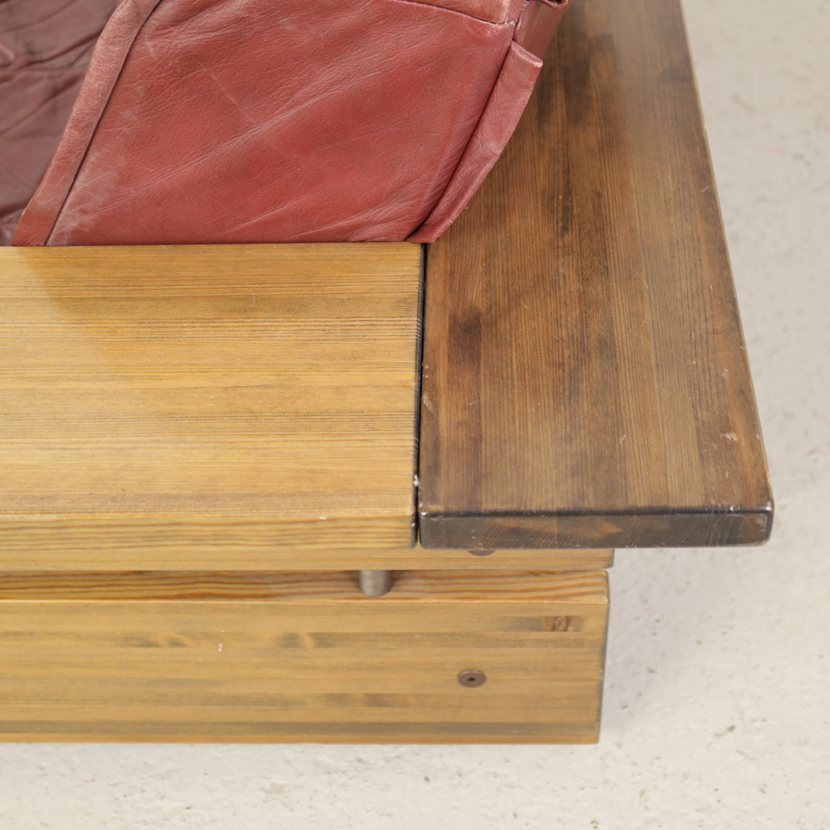 Pinus sofa wood grain and surface patina close-up