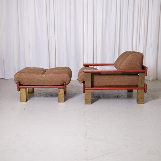 Rare 1970s Armchair and Ottoman with Rosewood and Brass
