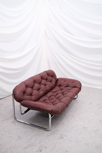 Vintage IKEA 2 Seater Sofa by Johan Bertil Häggström Dark Red Leather, 1970s