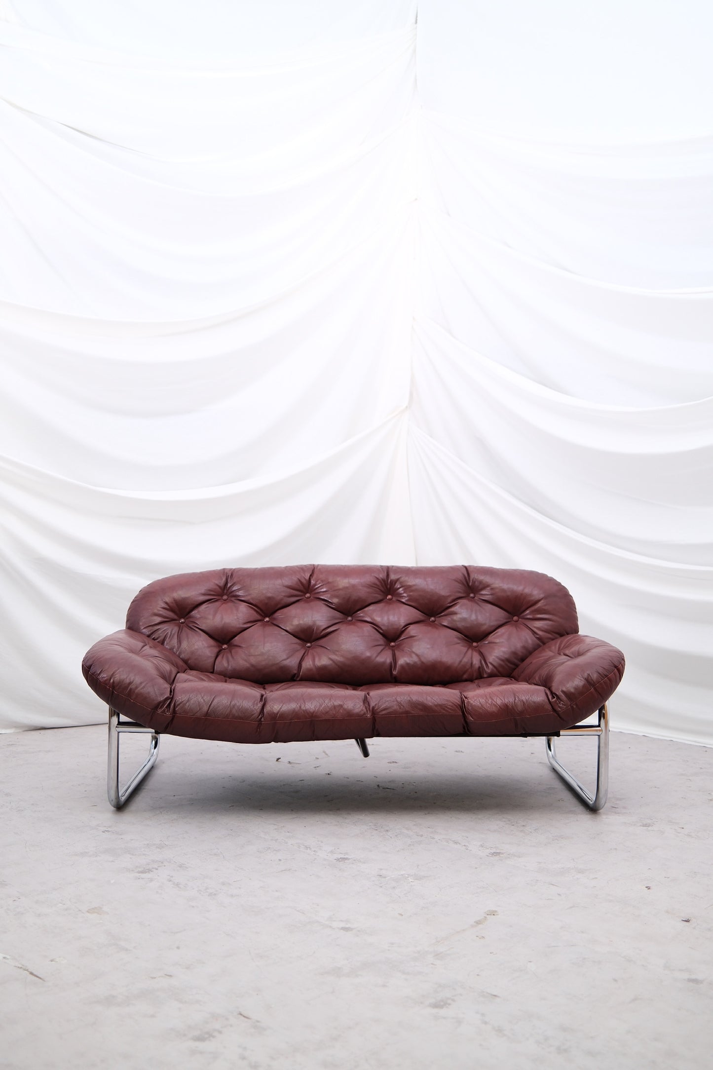 Vintage IKEA 2 Seater Sofa by Johan Bertil Häggström Dark Red Leather, 1970s