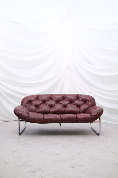 Vintage IKEA 2 Seater Sofa by Johan Bertil Häggström Dark Red Leather, 1970s