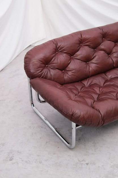 Vintage IKEA 2 Seater Sofa by Johan Bertil Häggström Dark Red Leather, 1970s