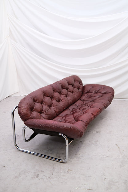 Vintage IKEA 3 Seater Sofa by Johan Bertil Häggström Dark Red Leather, 1970s
