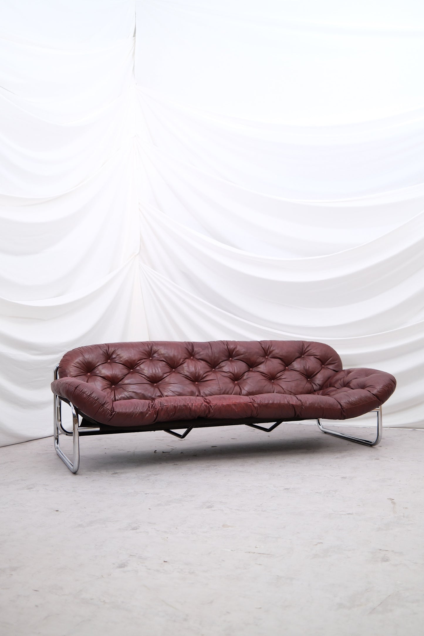 Vintage IKEA 3 Seater Sofa by Johan Bertil Häggström Dark Red Leather, 1970s