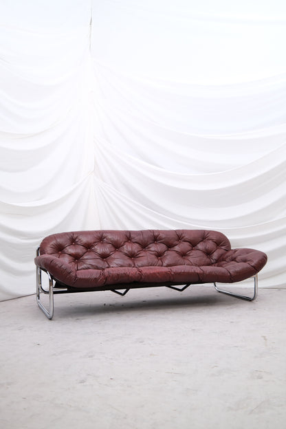 Vintage IKEA 3 Seater Sofa by Johan Bertil Häggström Dark Red Leather, 1970s