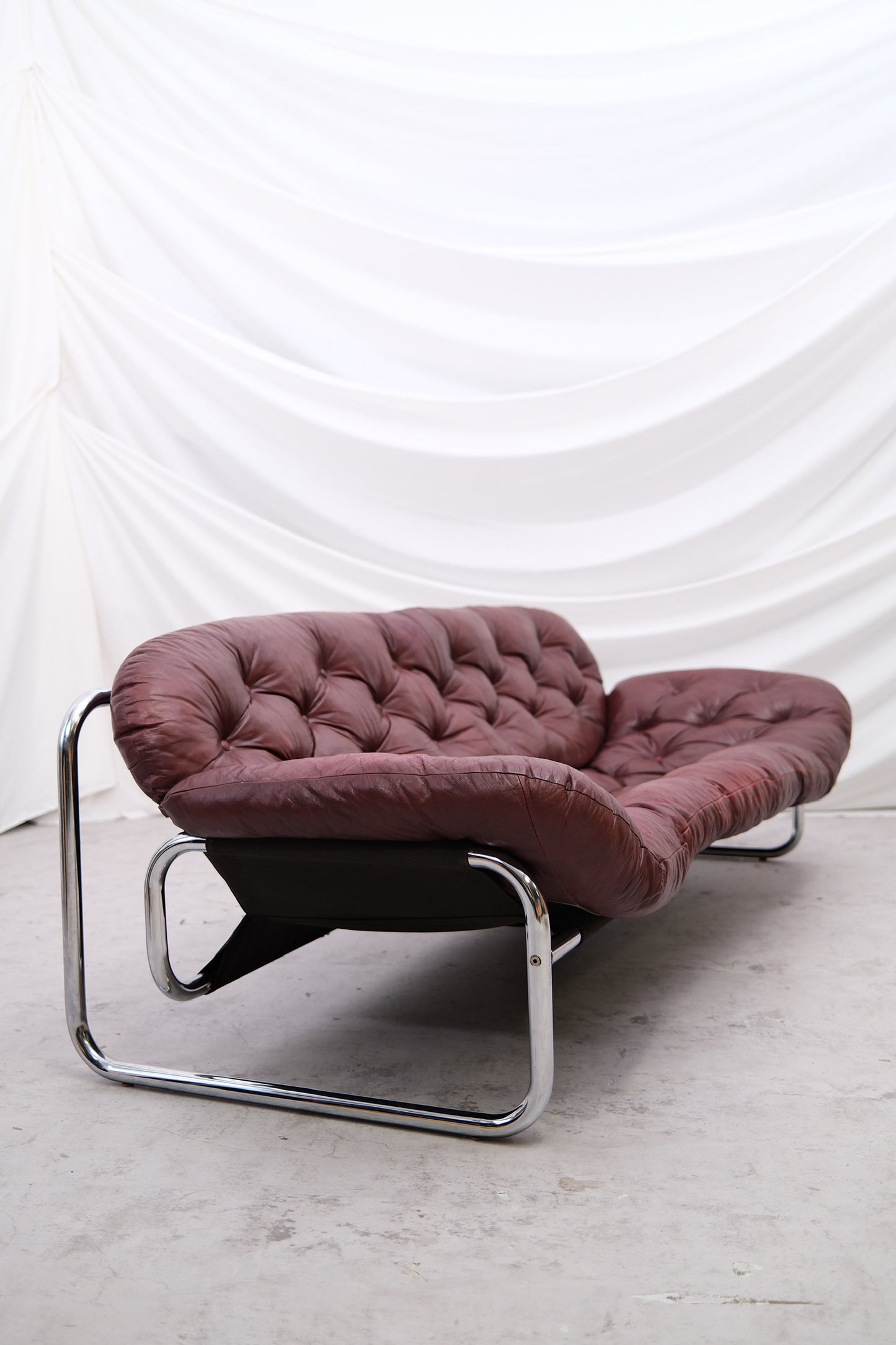 Vintage IKEA 3 Seater Sofa by Johan Bertil Häggström Dark Red Leather, 1970s