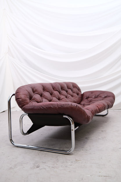 Vintage IKEA 3 Seater Sofa by Johan Bertil Häggström Dark Red Leather, 1970s