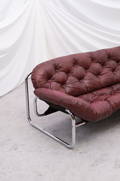 Vintage IKEA 3 Seater Sofa by Johan Bertil Häggström Dark Red Leather, 1970s
