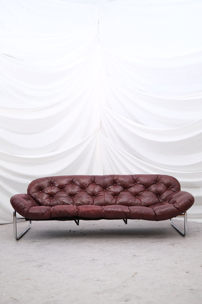 Vintage IKEA 3 Seater Sofa by Johan Bertil Häggström Dark Red Leather, 1970s