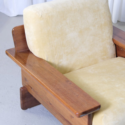 Vintage Scandinavian Pine Armchairs with Butter Velvet Upholstery