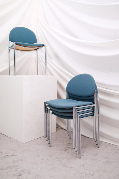 Vintage Stackable Dining Chairs – Chrome & Blue Canvas (set of 6)